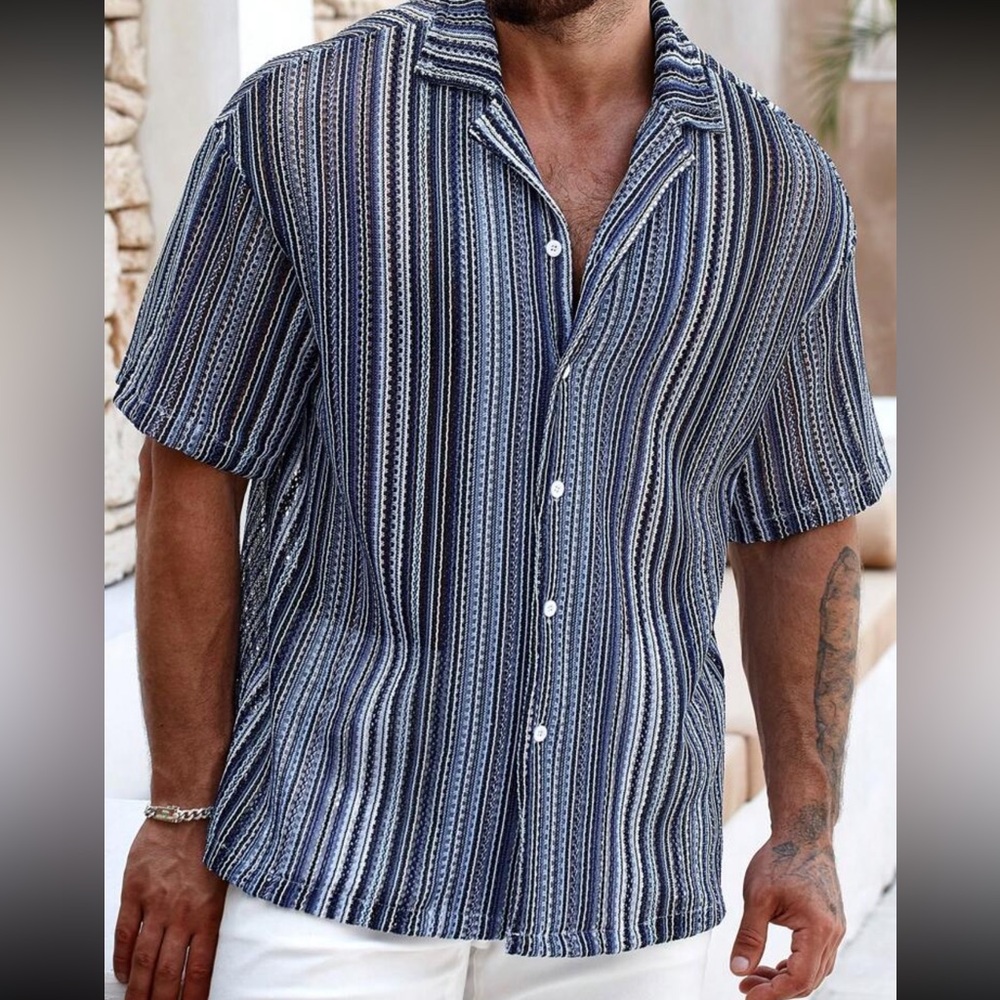 Hypemode Men's Vintage Striped Short Sleeve Casual Summer Shirt - Picture 3 of 4